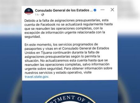 Consulado General de EE.UU. en Tijuana anuncia pausa en actualizaciones por falta de presupuesto