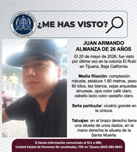 Buscan a Juan Armando Almanza, desaparecido en El Rubí, con tatuaje de la Santa Muerte.
