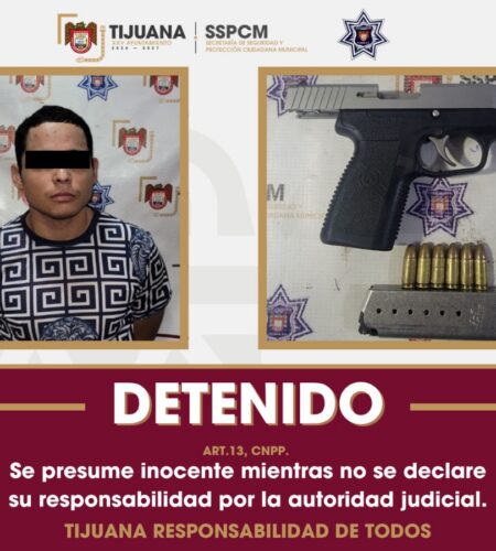 Arrestan a Kevin «N» con arma de fuego durante patrullaje en Tijuana