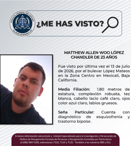 Buscan a ciudadano estadounidense con esquizofrenia desaparecido en Mexicali