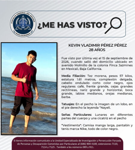 Buscan a Kevin Vladimir Pérez Pérez, desaparecido en Mexicali