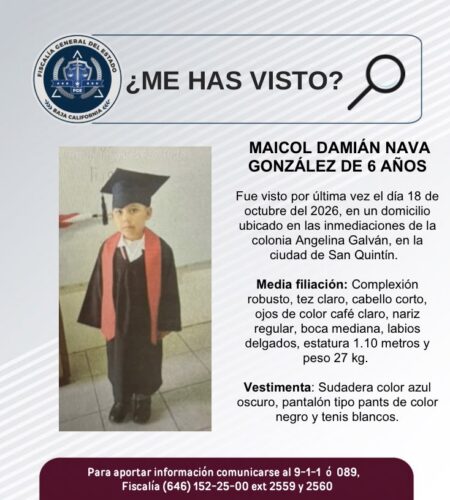 Buscan a niño de seis años desaparecido en San Quintín