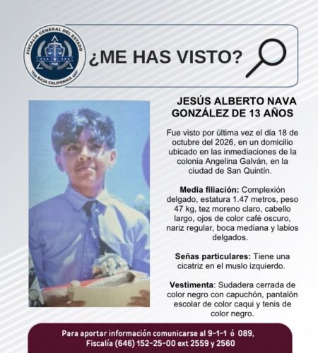 Buscan a adolescente de 13 años desaparecido en San Quintín